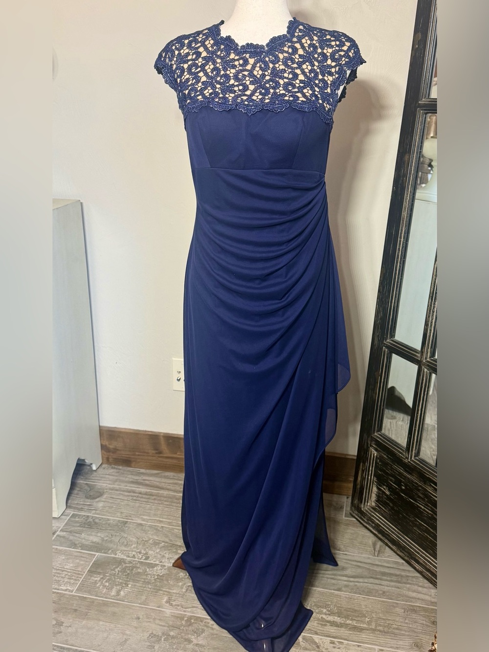 Alex Evenings Navy Metallic Lace Ruched Formal Evening Gown Dress Size 8